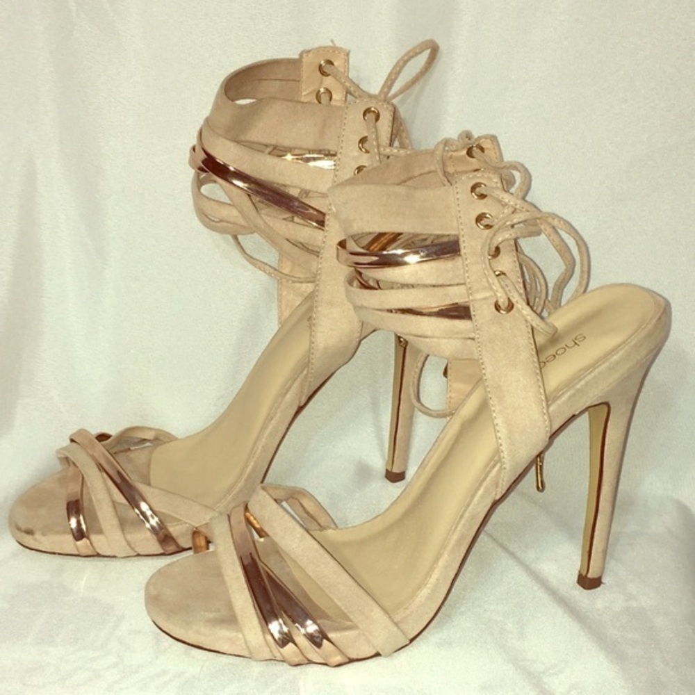 Shoe Dazzle Nude Suede Lace-Up Heels with Rose Gold Accents